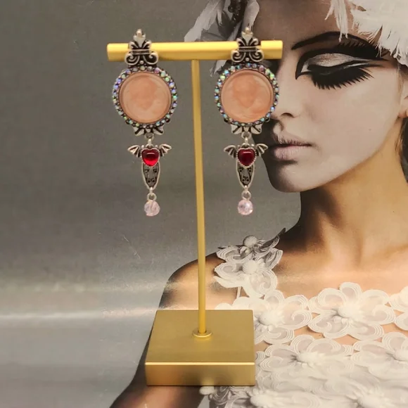Vintage Signed Kirks Folly Whimsical Pink Cameo Crystal Ornate Silver Earrings